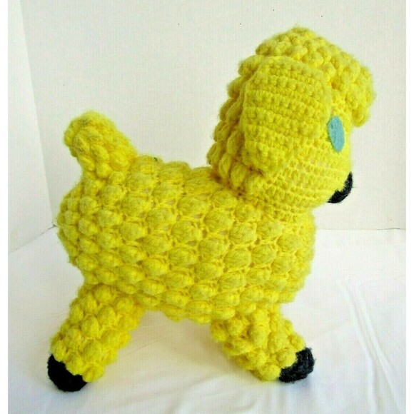 Baby Lamb Vintage Handmade Crochet Yellow Sheep Stuffed Animal Plush Toy - Picture 6 of 7